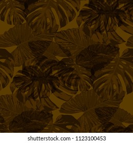 Tropical Leaves. Seamless Texture with Bright Hand Drawn Leaves of Exotic Tree. Bright Rapport for Paper, Cloth, Fabric. Vector Seamless Background with Tropic Plants. Watercolor Effect.