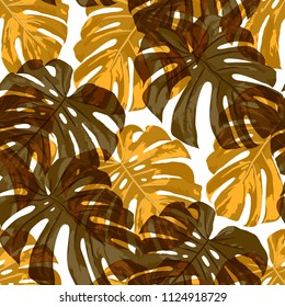 Tropical Leaves. Seamless Texture with Bright Hand Drawn Leaves of Exotic Tree. Spring Rapport for Calico, Textile, Swimwear. Vector Seamless Background with Tropic Plants. Watercolor Effect.
