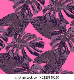 Tropical Leaves. Seamless Texture with Bright Hand Drawn Leaves of Exotic Tree. Spring Rapport for Calico, Textile, Wallpaper. Vector Seamless Background with Tropic Plants. Watercolor Effect.