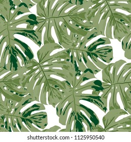Tropical Leaves. Seamless Texture with Bright Hand Drawn Leaves of Exotic Tree. Bright Rapport for Paper, Textile, Wallpaper. Vector Seamless Background with Tropic Plants. Watercolor Effect.