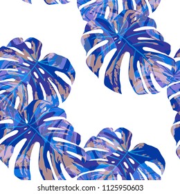 Tropical Leaves. Seamless Texture with Bright Hand Drawn Leaves of Exotic Tree. Summer Rapport for Calico, Textile, Wallpaper. Vector Seamless Background with Tropic Plants. Watercolor Effect.
