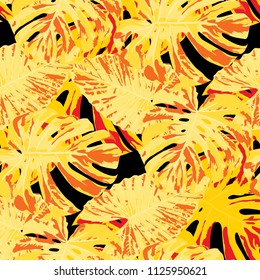 Tropical Leaves. Seamless Texture with Bright Hand Drawn Leaves of Monstera. Spring Rapport for Calico, Textile, Wallpaper. Vector Seamless Background with Tropic Plants. Watercolor Effect.