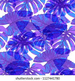 Tropical Leaves. Seamless Texture with Bright Hand Drawn Leaves of Monstera. Trendy Rapport for Print, Textile, Fabric. Vector Seamless Background with Tropic Plants. Watercolor Effect.