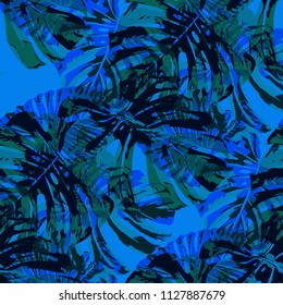 Tropical Leaves. Seamless Texture with Bright Hand Drawn Leaves of Monstera. Bright Rapport for Print, Textile, Fabric. Vector Seamless Background with Tropic Plants. Watercolor Effect.