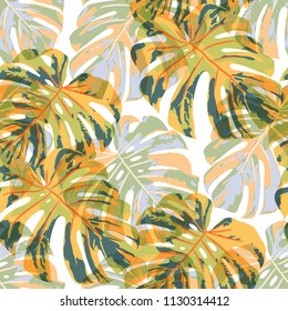 Tropical Leaves. Seamless Texture with Bright Hand Drawn Leaves of Monstera. Trendy Rapport for Paper, Cloth, Fabric. Vector Seamless Background with Tropic Plants. Watercolor Effect.