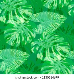 Tropical Leaves. Seamless Texture with Bright Hand Drawn Leaves of Monstera. Spring Rapport for Print, Textile, Swimwear. Vector Seamless Background with Tropic Plants. Watercolor Effect.