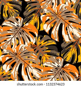 Tropical Leaves. Seamless Texture with Bright Hand Drawn Leaves of Monstera. Spring Rapport for Print, Paper, Swimwear. Vector Seamless Background with Tropic Plants. Watercolor Effect.