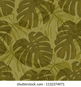 Tropical Leaves. Seamless Texture with Bright Hand Drawn Leaves of Monstera. Spring Rapport for Print, Cloth, Fabric. Vector Seamless Background with Tropic Plants. Watercolor Effect.