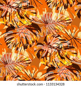 Tropical Leaves. Seamless Texture with Bright Hand Drawn Leaves of Exotic Tree. Spring Rapport for Print, Textile, Swimwear. Vector Seamless Background with Tropic Plants. Watercolor Effect.
