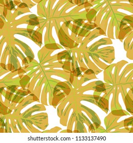 Tropical Leaves. Seamless Texture with Bright Hand Drawn Leaves of Monstera. Bright Rapport for Print, Textile, Fabric. Vector Seamless Background with Tropic Plants. Watercolor Effect.