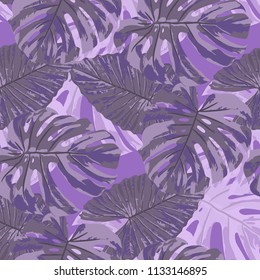 Tropical Leaves. Seamless Texture with Bright Hand Drawn Leaves of Monstera. Bright Rapport for Calico, Textile, Swimwear. Vector Seamless Background with Tropic Plants. Watercolor Effect.