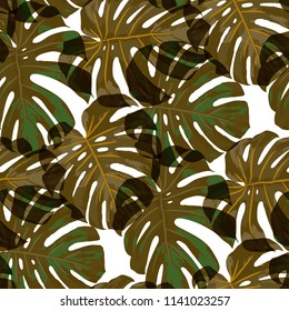 Tropical Leaves. Seamless Texture with Bright Hand Drawn Leaves of Monstera. Trendy Rapport for Calico, Textile, Swimwear. Vector Seamless Background with Tropic Plants. Watercolor Effect.