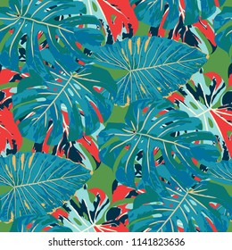 Tropical Leaves. Seamless Texture with Bright Hand Drawn Leaves of Monstera. Spring Rapport for Paper, Cloth, Wallpaper. Vector Seamless Background with Tropic Plants. Watercolor Effect.