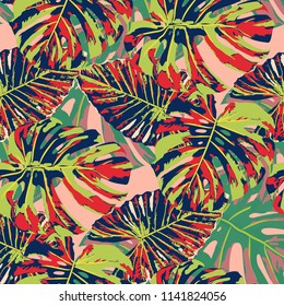 Tropical Leaves. Seamless Texture with Bright Hand Drawn Leaves of Exotic Tree. Summer Rapport for Paper, Textile, Wallpaper. Vector Seamless Background with Tropic Plants. Watercolor Effect.