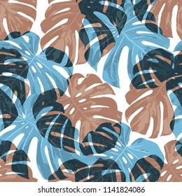 Tropical Leaves. Seamless Texture with Bright Hand Drawn Leaves of Monstera. Bright Rapport for Print, Textile, Swimwear. Vector Seamless Background with Tropic Plants. Watercolor Effect.