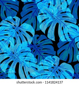 Tropical Leaves. Seamless Texture with Bright Hand Drawn Leaves of Exotic Tree. Bright Rapport for Print, Cloth, Fabric. Vector Seamless Background with Tropic Plants. Watercolor Effect.