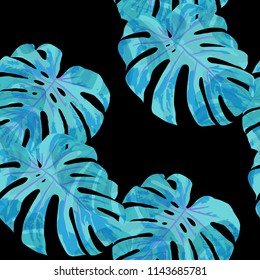 Tropical Leaves. Seamless Texture with Bright Hand Drawn Leaves of Exotic Tree. Spring Rapport for Print, Cloth, Fabric. Vector Seamless Background with Tropic Plants. Watercolor Effect.