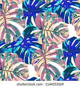 Tropical Leaves. Seamless Texture with Bright Hand Drawn Leaves of Exotic Tree. Summer Rapport for Print, Paper, Swimwear. Vector Seamless Background with Tropic Plants. Watercolor Effect.