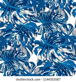 Tropical Leaves. Seamless Texture with Bright Hand Drawn Leaves of Monstera. Bright Rapport for Paper, Textile, Wallpaper. Vector Seamless Background with Tropic Plants. Watercolor Effect.