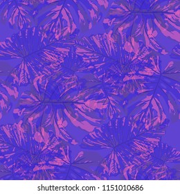 Tropical Leaves. Seamless Texture with Bright Hand Drawn Leaves of Exotic Tree. Trendy Rapport for Paper, Cloth, Wallpaper. Vector Seamless Background with Tropic Plants. Watercolor Effect.