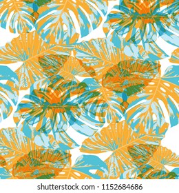 Tropical Leaves. Seamless Texture with Bright Hand Drawn Leaves of Exotic Tree. Spring Rapport for Print, Textile, Swimwear. Vector Seamless Background with Tropic Plants. Watercolor Effect.