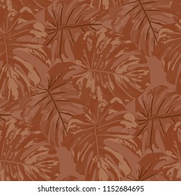 Tropical Leaves. Seamless Texture with Bright Hand Drawn Leaves of Exotic Tree. Trendy Rapport for Paper, Cloth, Fabric. Vector Seamless Background with Tropic Plants. Watercolor Effect.