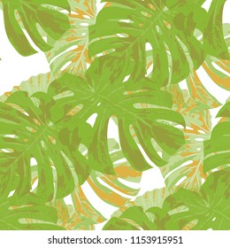 Tropical Leaves. Seamless Texture with Bright Hand Drawn Leaves of Monstera. Trendy Rapport for Calico, Textile, Swimwear. Vector Seamless Background with Tropic Plants. Watercolor Effect.