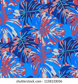 Tropical Leaves. Seamless Texture with Bright Hand Drawn Leaves of Exotic Tree. Trendy Rapport for Calico, Textile, Wallpaper. Vector Seamless Background with Tropic Plants. Watercolor Effect.