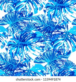 Tropical Leaves. Seamless Texture with Bright Hand Drawn Leaves of Monstera. Summer Rapport for Print, Paper, Swimwear. Vector Seamless Background with Tropic Plants. Watercolor Effect.