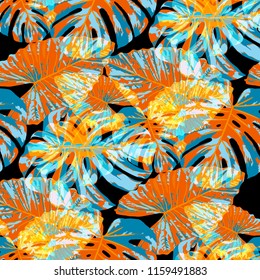 Tropical Leaves. Seamless Texture with Bright Hand Drawn Leaves of Monstera. Bright Rapport for Paper, Cloth, Fabric. Vector Seamless Background with Tropic Plants. Watercolor Effect.
