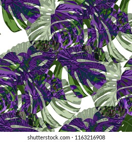 Tropical Leaves. Seamless Texture with Bright Hand Drawn Leaves of Exotic Tree. Trendy Rapport for Print, Textile, Fabric. Vector Seamless Background with Tropic Plants. Watercolor Effect.