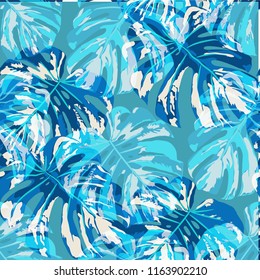 Tropical Leaves. Seamless Texture with Bright Hand Drawn Leaves of Monstera. Bright Rapport for Print, Textile, Swimwear. Vector Seamless Background with Tropic Plants. Watercolor Effect.