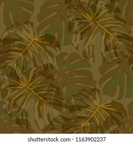 Tropical Leaves. Seamless Texture with Bright Hand Drawn Leaves of Exotic Tree. Summer Rapport for Print, Cloth, Fabric. Vector Seamless Background with Tropic Plants. Watercolor Effect.