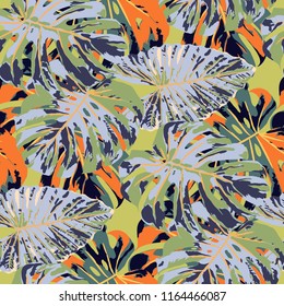 Tropical Leaves. Seamless Texture with Bright Hand Drawn Leaves of Exotic Tree. Trendy Rapport for Print, Paper, Swimwear. Vector Seamless Background with Tropic Plants. Watercolor Effect.