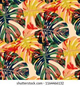 Tropical Leaves. Seamless Texture with Bright Hand Drawn Leaves of Exotic Tree. Bright Rapport for Paper, Textile, Wallpaper. Vector Seamless Background with Tropic Plants. Watercolor Effect.