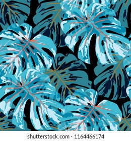 Tropical Leaves. Seamless Texture with Bright Hand Drawn Leaves of Monstera. Summer Rapport for Print, Textile, Swimwear. Vector Seamless Background with Tropic Plants. Watercolor Effect.