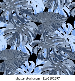 Tropical Leaves. Seamless Texture with Bright Hand Drawn Leaves of Monstera. Bright Rapport for Print, Cloth, Fabric. Vector Seamless Background with Tropic Plants. Watercolor Effect.