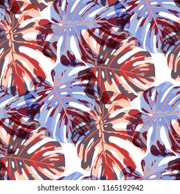 Tropical Leaves. Seamless Texture with Bright Hand Drawn Leaves of Exotic Tree. Spring Rapport for Print, Paper, Swimwear. Vector Seamless Background with Tropic Plants. Watercolor Effect.