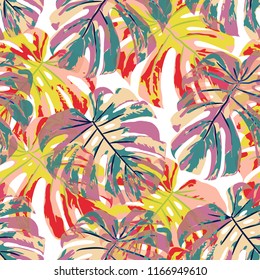 Tropical Leaves. Seamless Texture with Bright Hand Drawn Leaves of Monstera. Trendy Rapport for Calico, Textile, Swimwear. Vector Seamless Background with Tropic Plants. Watercolor Effect.