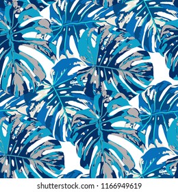 Tropical Leaves. Seamless Texture with Bright Hand Drawn Leaves of Monstera. Spring Rapport for Print, Textile, Fabric. Vector Seamless Background with Tropic Plants. Watercolor Effect.