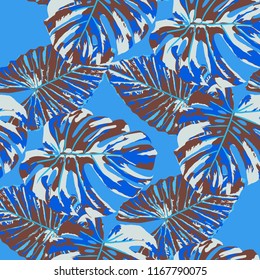 Tropical Leaves. Seamless Texture with Bright Hand Drawn Leaves of Monstera. Spring Rapport for Print, Cloth, Fabric. Vector Seamless Background with Tropic Plants. Watercolor Effect.