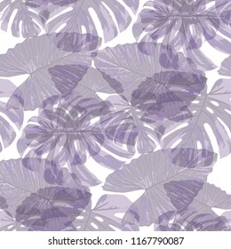 Tropical Leaves. Seamless Texture with Bright Hand Drawn Leaves of Exotic Tree. Summer Rapport for Print, Paper, Swimwear. Vector Seamless Background with Tropic Plants. Watercolor Effect.