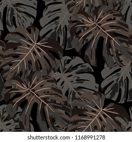 Tropical Leaves. Seamless Texture with Bright Hand Drawn Leaves of Monstera. Summer Rapport for Paper, Textile, Wallpaper. Vector Seamless Background with Tropic Plants. Watercolor Effect.