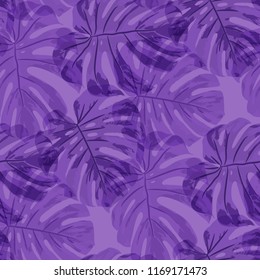 Tropical Leaves. Seamless Texture with Bright Hand Drawn Leaves of Monstera. Bright Rapport for Print, Paper, Swimwear. Vector Seamless Background with Tropic Plants. Watercolor Effect.
