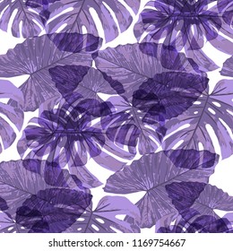 Tropical Leaves. Seamless Texture with Bright Hand Drawn Leaves of Exotic Tree. Summer Rapport for Print, Cloth, Fabric. Vector Seamless Background with Tropic Plants. Watercolor Effect.