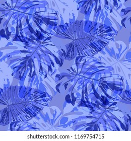 Tropical Leaves. Seamless Texture with Bright Hand Drawn Leaves of Exotic Tree. Trendy Rapport for Paper, Cloth, Fabric. Vector Seamless Background with Tropic Plants. Watercolor Effect.