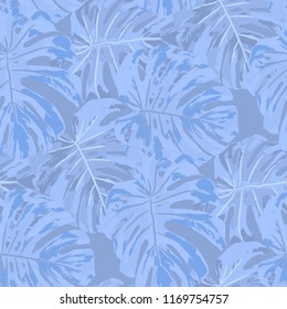 Tropical Leaves. Seamless Texture with Bright Hand Drawn Leaves of Exotic Tree. Bright Rapport for Paper, Cloth, Fabric. Vector Seamless Background with Tropic Plants. Watercolor Effect.