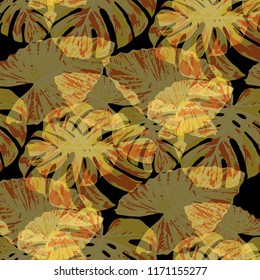Tropical Leaves. Seamless Texture with Bright Hand Drawn Leaves of Exotic Tree. Summer Rapport for Calico, Textile, Wallpaper. Vector Seamless Background with Tropic Plants. Watercolor Effect.