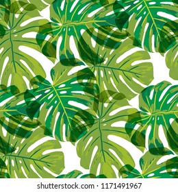 Tropical Leaves. Seamless Texture with Bright Hand Drawn Leaves of Exotic Tree. Summer Rapport for Paper, Textile, Wallpaper. Vector Seamless Background with Tropic Plants. Watercolor Effect.