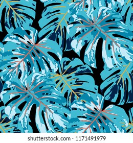 Tropical Leaves. Seamless Texture with Bright Hand Drawn Leaves of Exotic Tree. Bright Rapport for Paper, Textile, Wallpaper. Vector Seamless Background with Tropic Plants. Watercolor Effect.